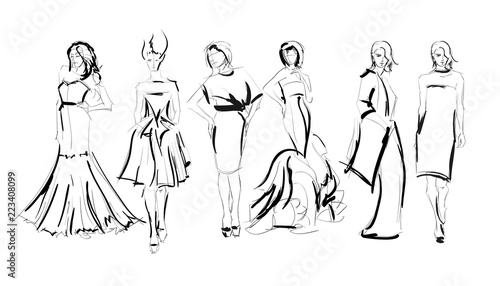 Sketch. Fashion Girls on a white background. Vector illustration.