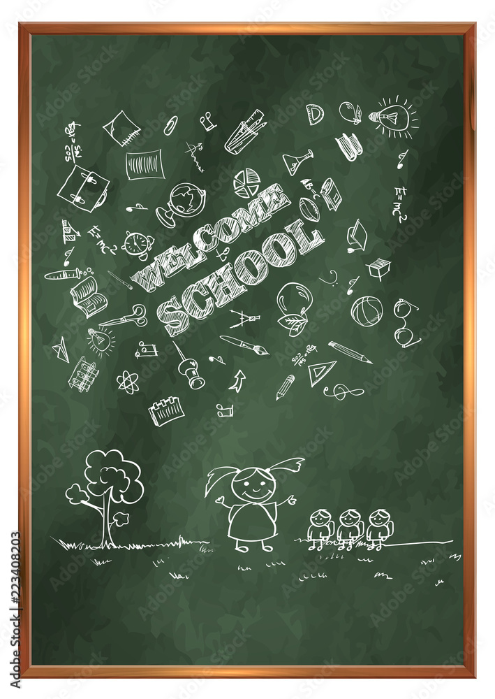 Back to school. Green school board with drawings on the theme of education