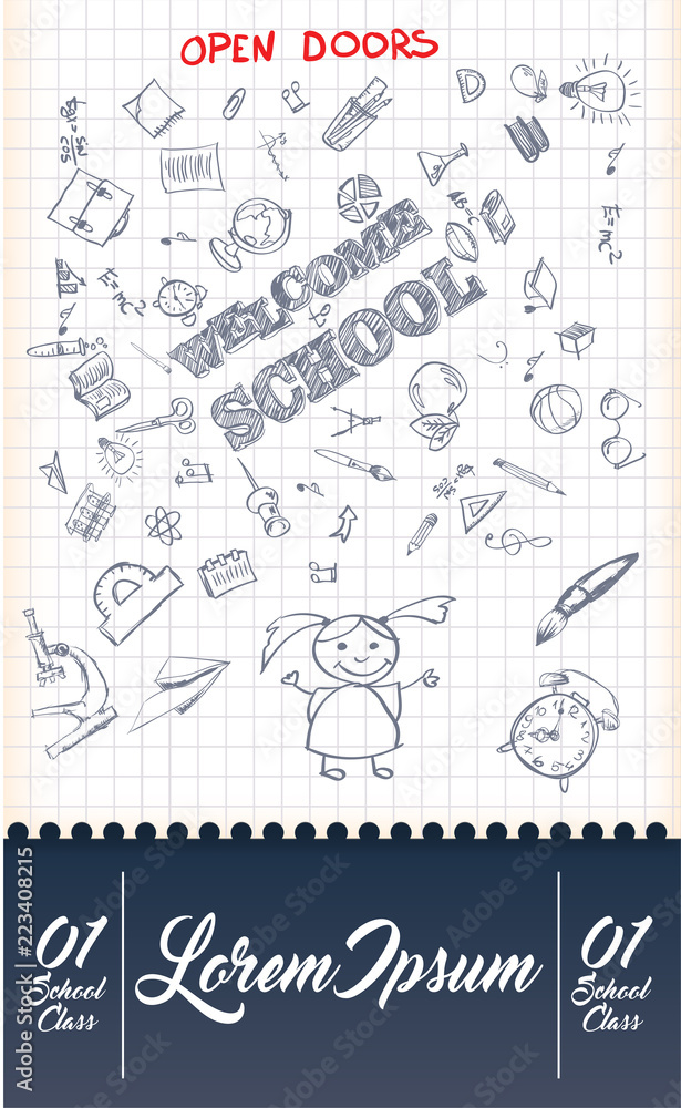 Obraz premium Welcome to school poster template. Design with various educational equipments on list sheet.Vector illustration.
