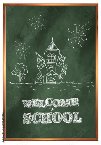 Back to school. Green school board with drawings on the theme of education