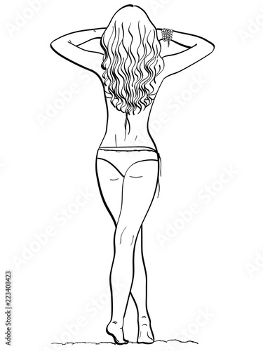 isolated object coloring, black lines, white background. Beach and sand. The girl back, in a swimsuit on vacation.