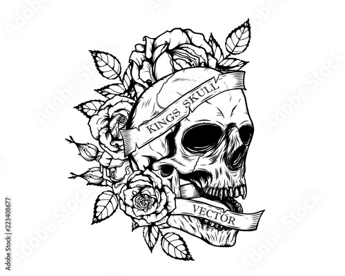 Skull with  roses tattoo by hand drawing.Tattoo art highly detailed in japanese line art style.Black and white line art pattern for paint