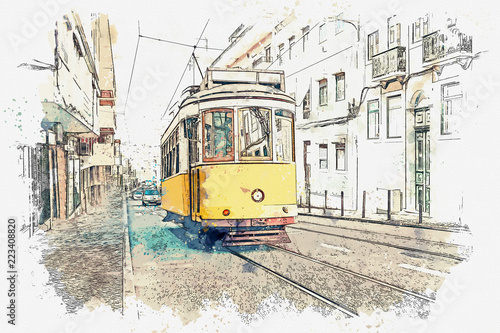 Canvas Print Sketch with watercolor or illustration of a traditional old tram moving down the street in Lisbon in Portugal