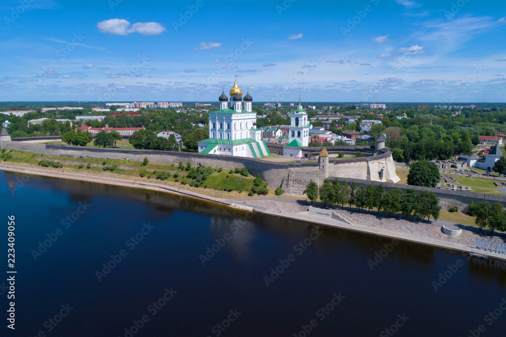 View of the Pskov Kremlin on a sunny June day (aerial survey)