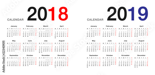 Year 2018 and Year 2019 calendar vector design template, simple and clean design. Calendar for 2018 and 2019 on White Background for organization and business. Week Starts Monday. Vector Template