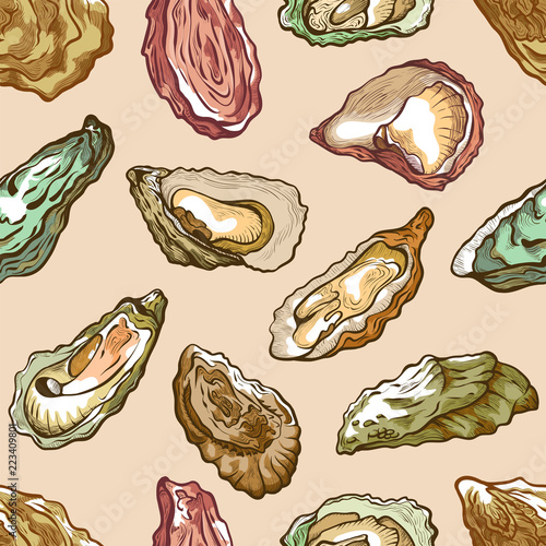 Oysters seamless pattern, sea delicatessen product set