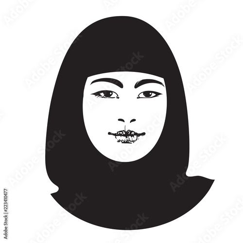 Sketch of beautiful asian girl in traditional clothing. Portrait of attractive young Muslim woman. Vector.