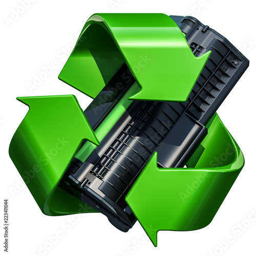 Fotografi Green recycle symbol with toner cartridge, 3D rendering