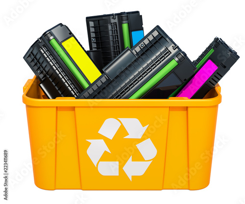 Fotografi Used laser printer cartridges in recycling bin, 3D rendering