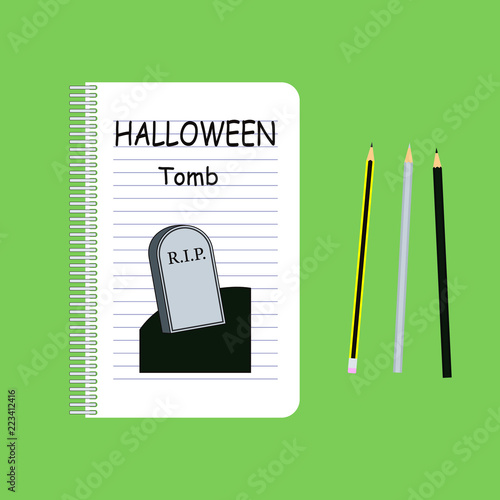 Drawing of a tomb in a school notebook as a halloween image.