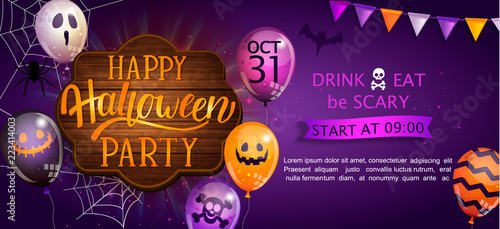 Welcome Banner for Happy Halloween party with lettering on wooden board and monster balloons. Invitation and greeting card with spider and bat for web, poster, placard, flyers. Vector illustration.