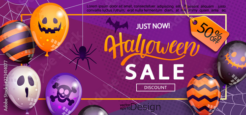 Sale Banner for Happy Halloween holiday with lettering on geometric background with monster balloons.50 percent discount card for web,poster,flyers,ad,promotions,blogs,social media,marketing.Vector.