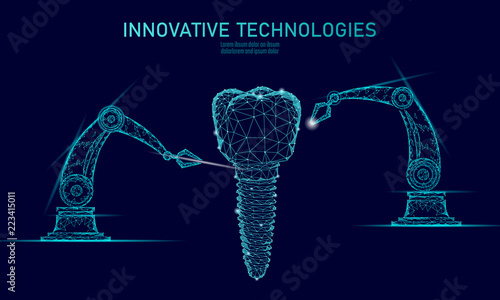3d tooth innovation robot arm polygonal concept. Stomatology symbol low poly triangle abstract oral dental medical care business. Connected dot particle modern render blue vector illustration