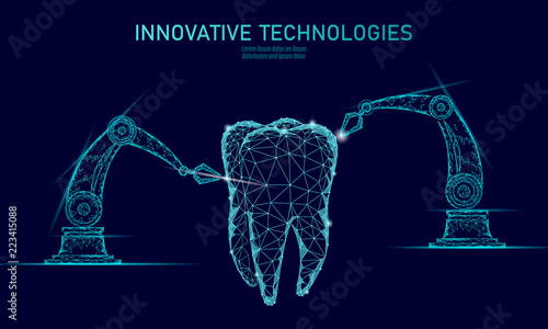 3d tooth innovation robot arm polygonal concept. Stomatology symbol low poly triangle abstract oral dental medical care business. Connected dot particle modern render blue vector illustration