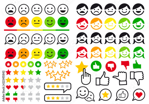 Rating, review, user emoji, flat icons, vector set