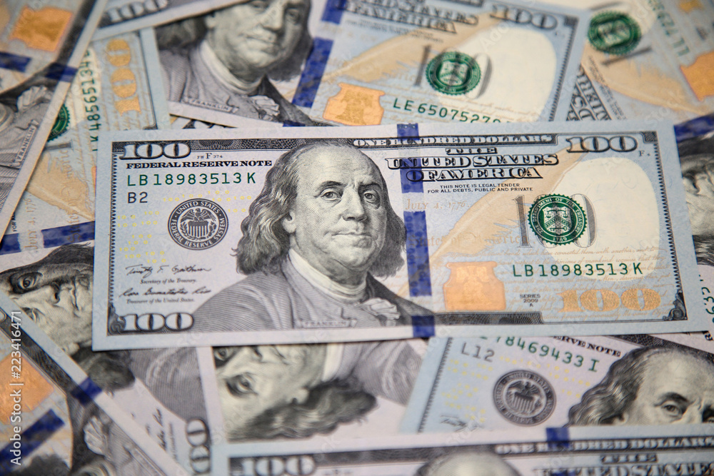 Close up of new hundred dollar bill with portrait of Franklin Close up of new hundred dollar bill with portrait of Franklin