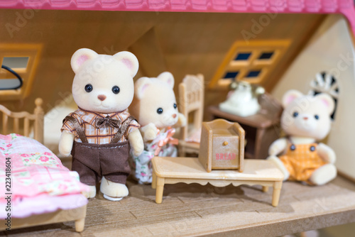 Family cute teddy bears room, select focus