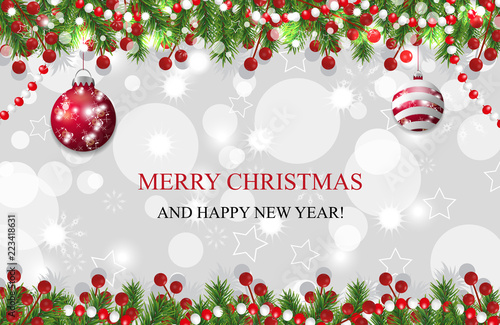 Christmas background, New Year decoration with fir branches, beads and holly berry and red baubles. Vector