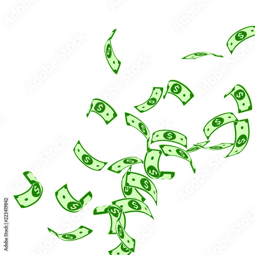 American dollar notes falling. Floating USD bills on white background. USA money. Comely vector illu