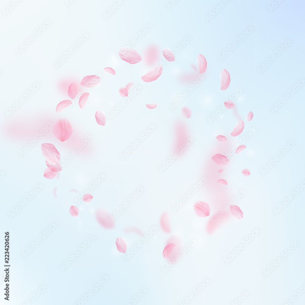 Sakura petals falling down. Romantic pink flowers frame. Flying petals on blue sky square background