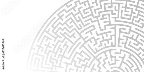 Background with graphic abstract geometry labyrinth pattern. Maze circle. Gradient gray labyrinth. Maze symbol.