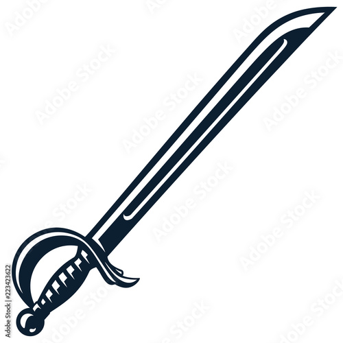 Monochrome vintage icon sword. Simple shape for design logo, emblem, symbol, sign, badge, label, stamp. Hand drawn vector illustration. Military weapons, isolated on white background.