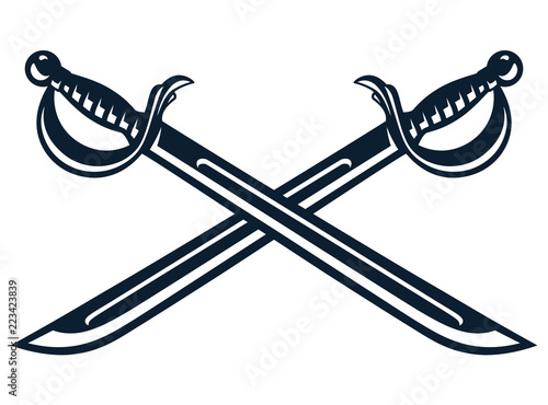 Monochrome vintage icon crossed swords. Simple shape for design logo, emblem, symbol, sign, badge, label, stamp. Hand drawn vector illustration. Military weapons, isolated on white background.