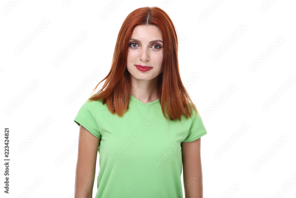 Young redhaired woman on white background Young redhaired woman on white background