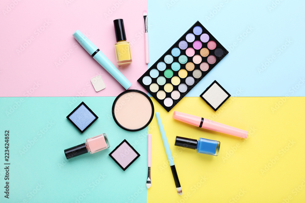 Makeup cosmetics on colorful background Makeup cosmetics on colorful background