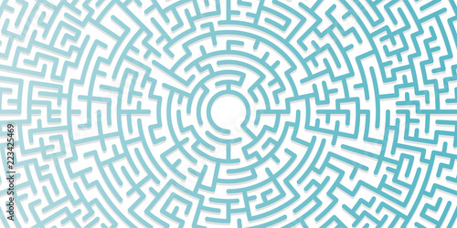 Background with graphic abstract geometry labyrinth pattern. Blue maze circle. Blue labyrinth. Maze symbol.