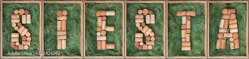 Afternoon rest in spanish word Siesta made of wine corks on green background in wooden box