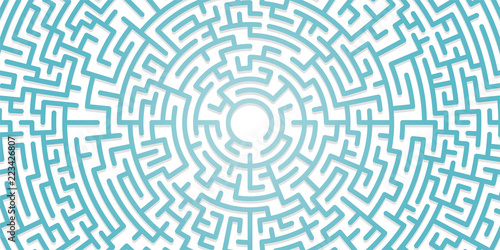 Background with graphic abstract geometry labyrinth pattern. Blue maze circle. Blue labyrinth. Maze symbol.