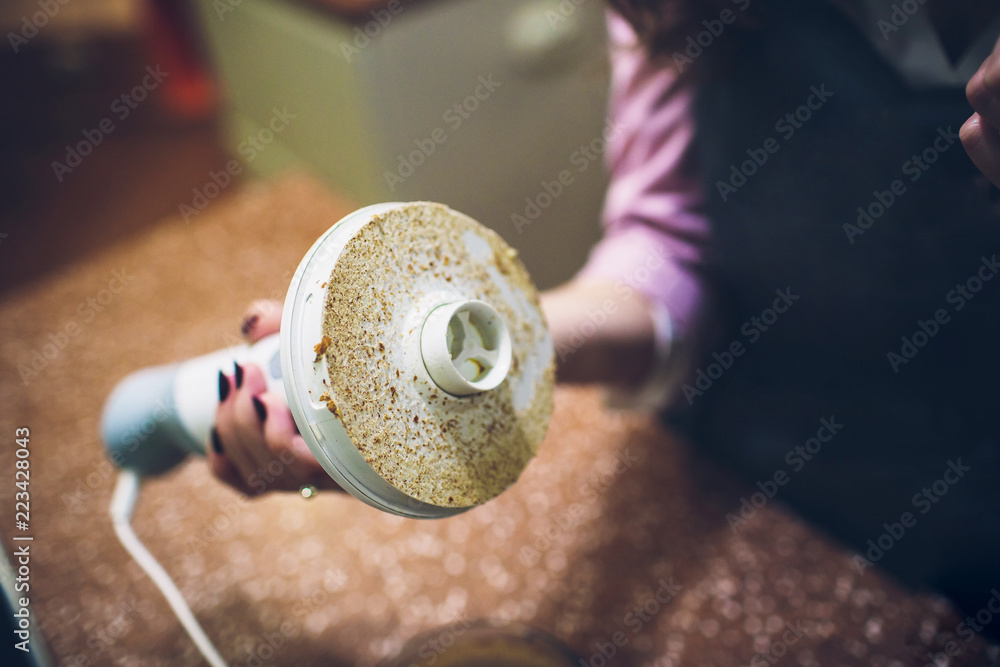 Almond Nuts in Blender, Almond Butter Preparation Process, Top View