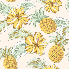 Keuken achterwand Ananas patronen Gele hibiscus en ananas jungle  © ojardin