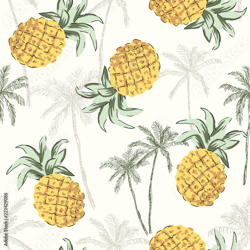 Tropical yellow pineapples, graphic palm trees on the white background. Vector seamless pattern. Jungle illustration. Exotic plants. Summer beach botanical design. Paradise nature