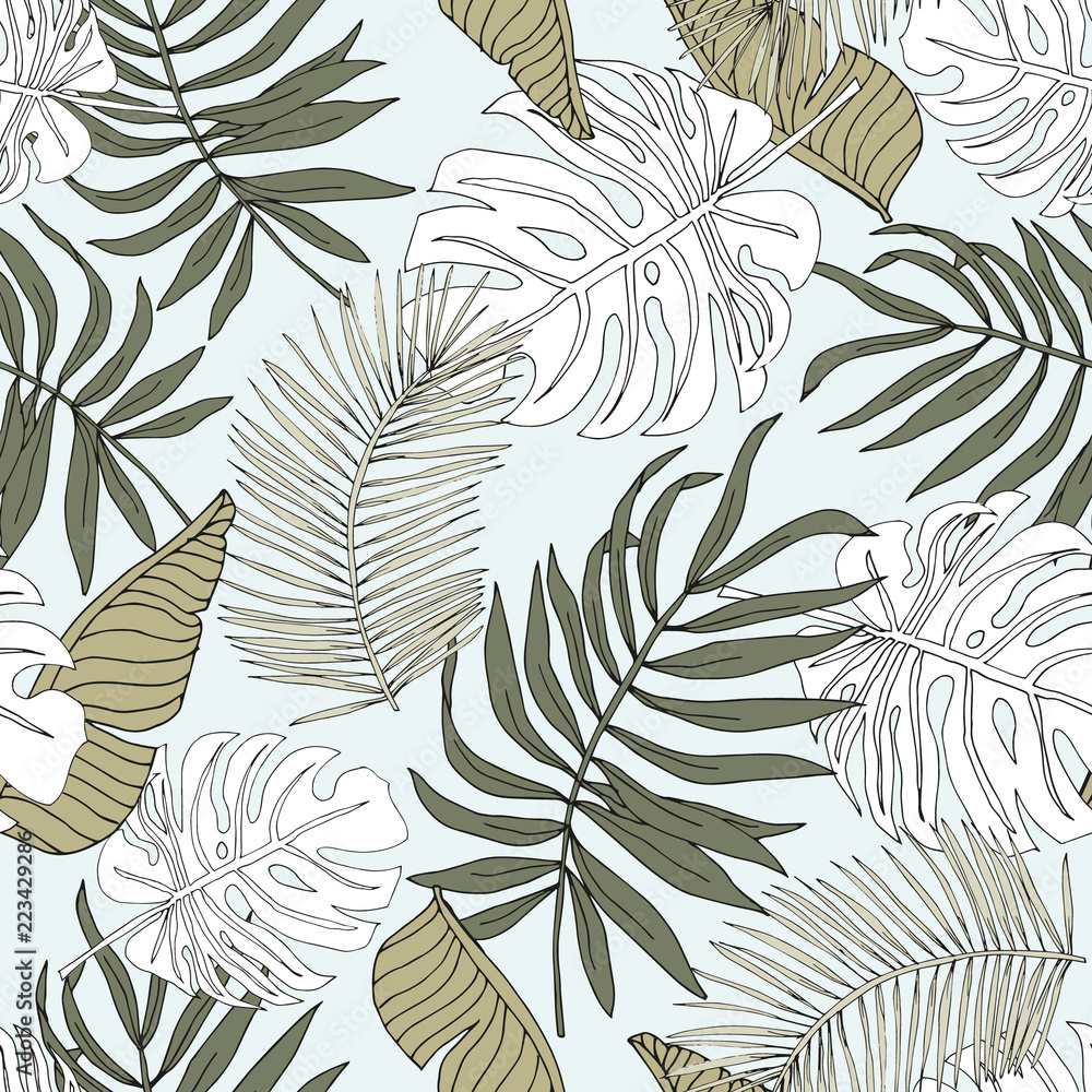 Naklejka premium Graphic linear silhouette monstera, palm leaves with light background. Vector seamless pattern. Tropical jungle foliage illustration. Exotic plants. Summer beach floral design. Paradise nature