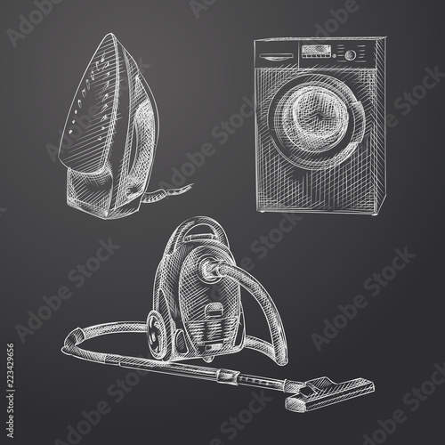Hand Drawn Home Appliances Sketches Set isolated on chalkboard. Collection Of vacuum cleaner, Washer, Iron Sketches isolated  in chalk style