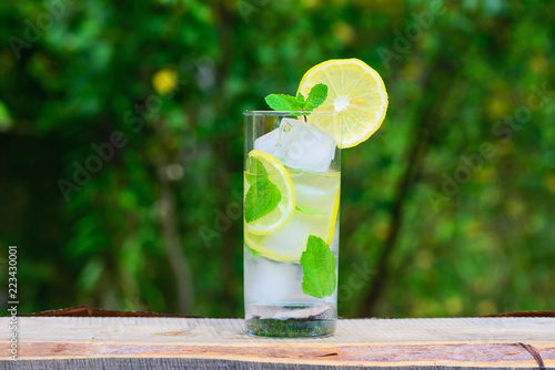 A glass of lemonade with lemon and mint