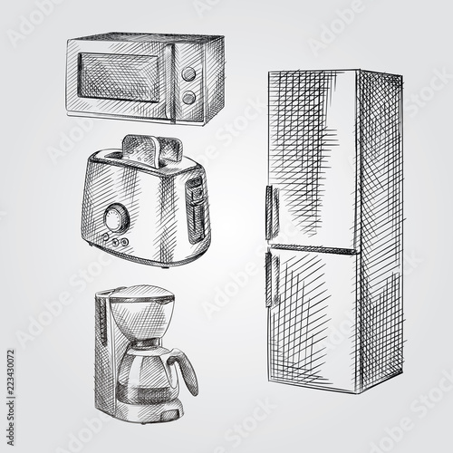 Hand Drawn kitchen appliances Sketches Set. Collection Of Microwave Oven, Coffee maker, Fridge, Toaster Sketches isolated on white background