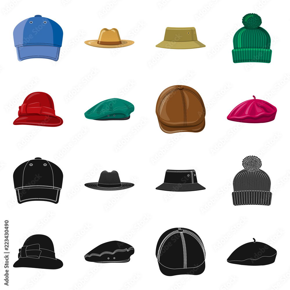 Vector illustration of headgear and cap symbol. Collection of headgear and accessory stock vector illustration. Vector illustration of headgear and cap symbol. Collection of headgear and accessory stock vector illustration.