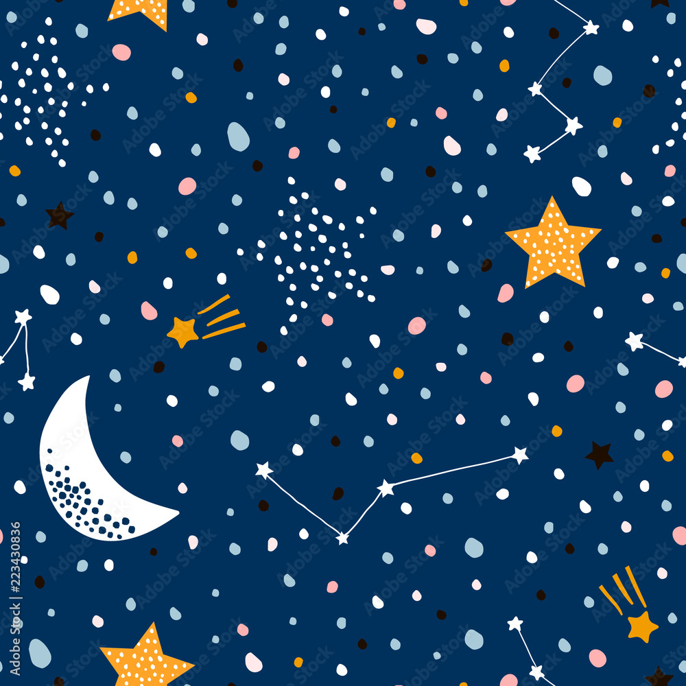 Seamless childish pattern with night starry sky. Creative kids texture for fabric, wrapping, textile, wallpaper, apparel. Vector illustration