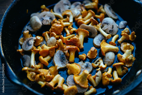 Organic chanterelle mushrooms and champignons in a hot frying pan