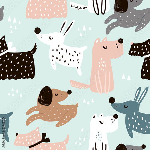 Childish seamless pattern with hand drawn dogs. Trendy scandinavian vector background. Perfect for kids apparel,fabric, textile, nursery decoration,wrapping paper