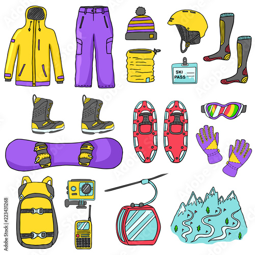 Set of snowboard icons isolated on white background. Sport clothes, accessories and equipment. Color vector illustration