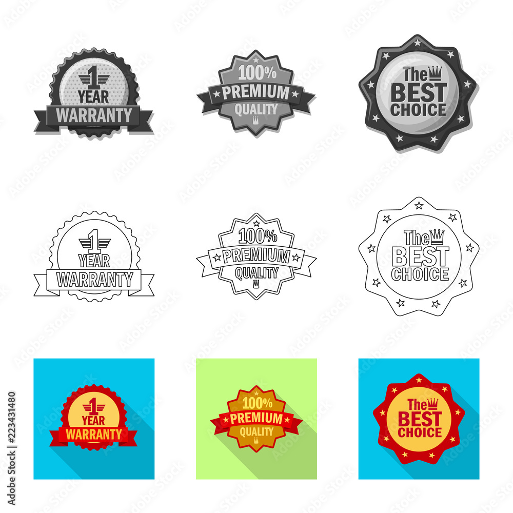 Vector illustration of emblem and badge symbol. Set of emblem and sticker stock symbol for web. Vector illustration of emblem and badge symbol. Set of emblem and sticker stock symbol for web.