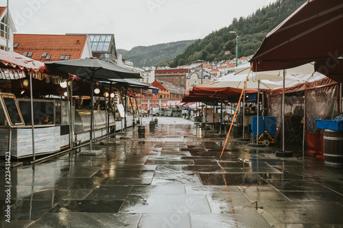 A Norwegian fish market in the morning before customers arrive.
