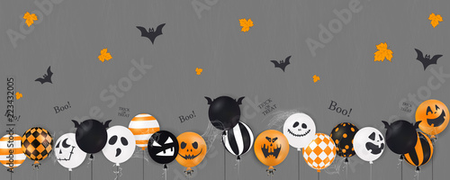 Happy Halloween. Trick or treat. Boo. Scary air balloons. Holiday concept with halloween glitter confetti ghost balloons funny faces for banner, website, poster, greeting card, party invitation.