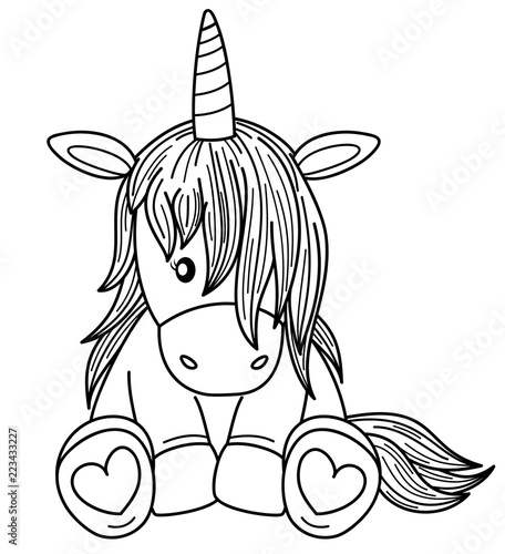 Vector unicorn cartoon, black silhouette isolated on white for coloring.