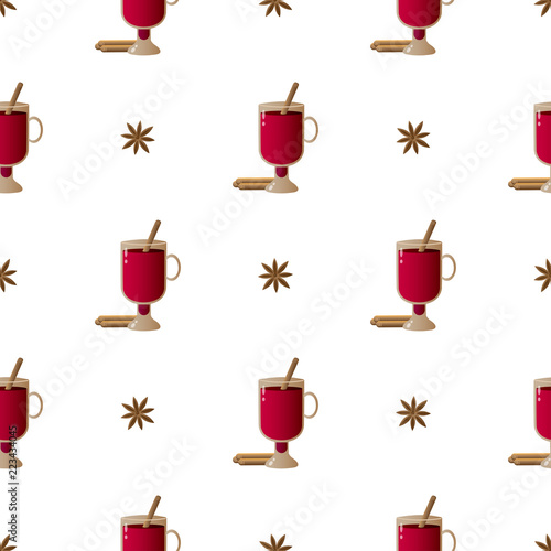 Vector seamless pattern illustration with composition of cinnamon sticks, irish glasses with mulled wine and cardamon