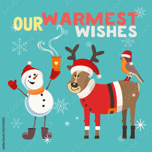 Fancy seasonal poster. Cartoon humor comic snowman, deer, robin bird in red santa hat. Merry Christmas winter season greeting card wish. Holiday cute flyer background. Vector New Year eve fun banner